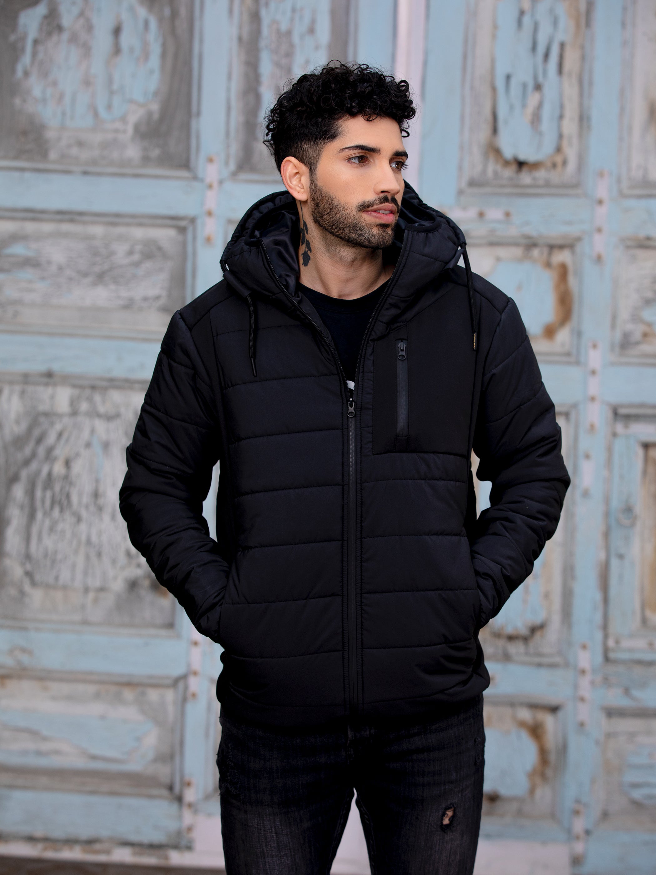Bélier Mens Black Quilted Coat BELIER Hoodie Wool Coat Black